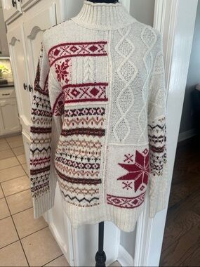 AE Outfitters Cream Fair Isle Knit Mockneck Sweater with Red Accent